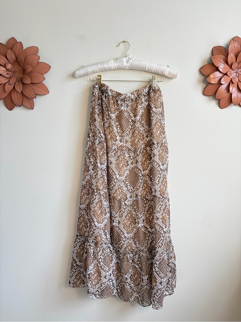 Vintage Candie's Brown & Cream Snake-Print Maxi Skirt with Ruffle Hem
